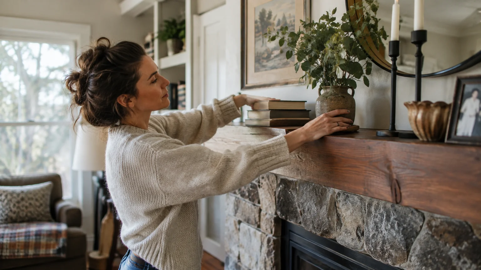 A woman in a knit sweater arranges a stack of books and a potted plant on a rustic wooden fireplace mantel.