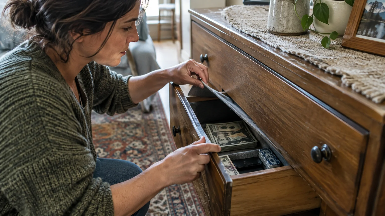 A woman lifts a gray felt liner inside a wooden dresser drawer to reveal stacks of cash hidden underneath.