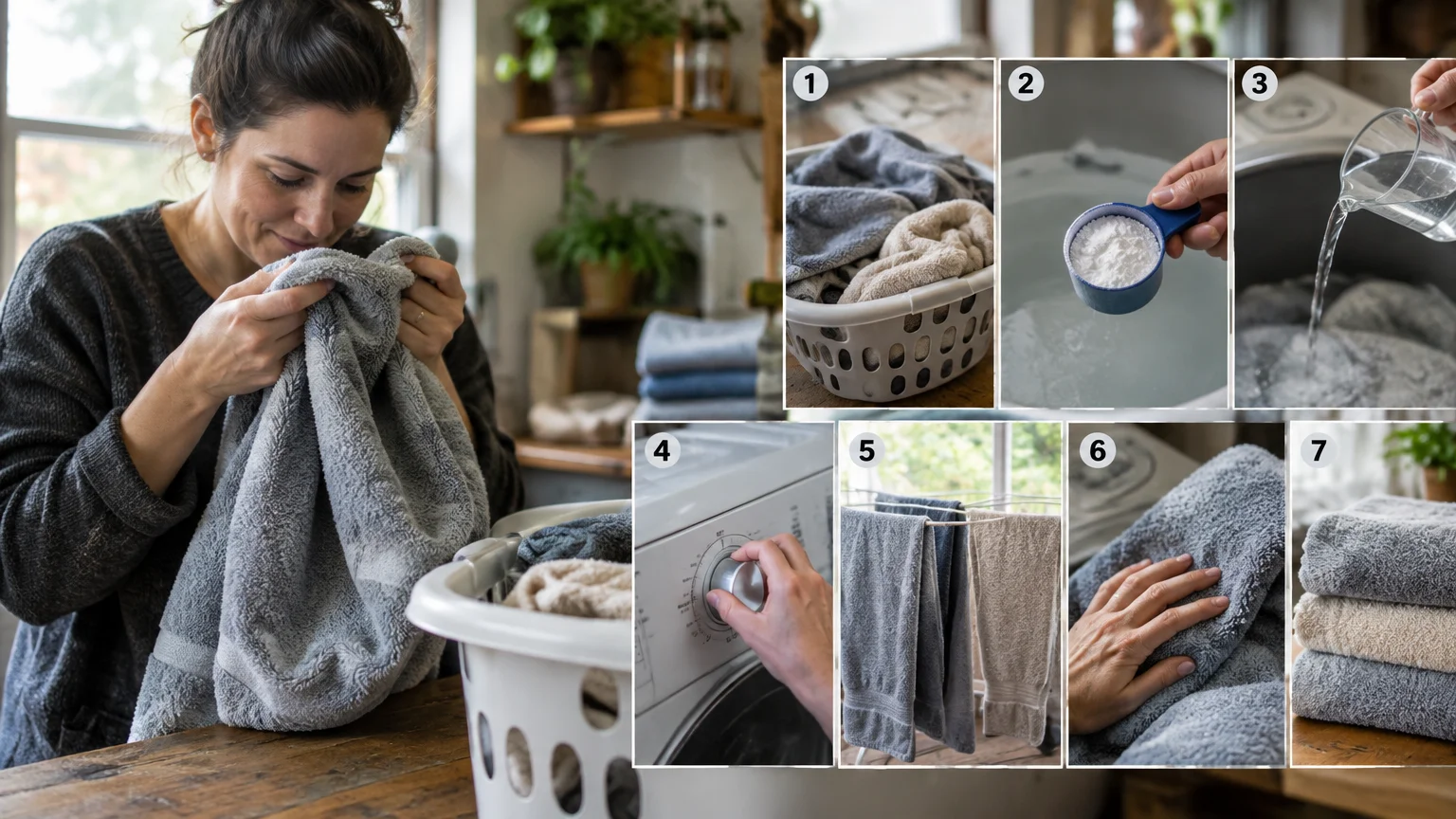 Woman smelling a towel, next to seven numbered panels showing steps for washing, drying, and folding laundry.
