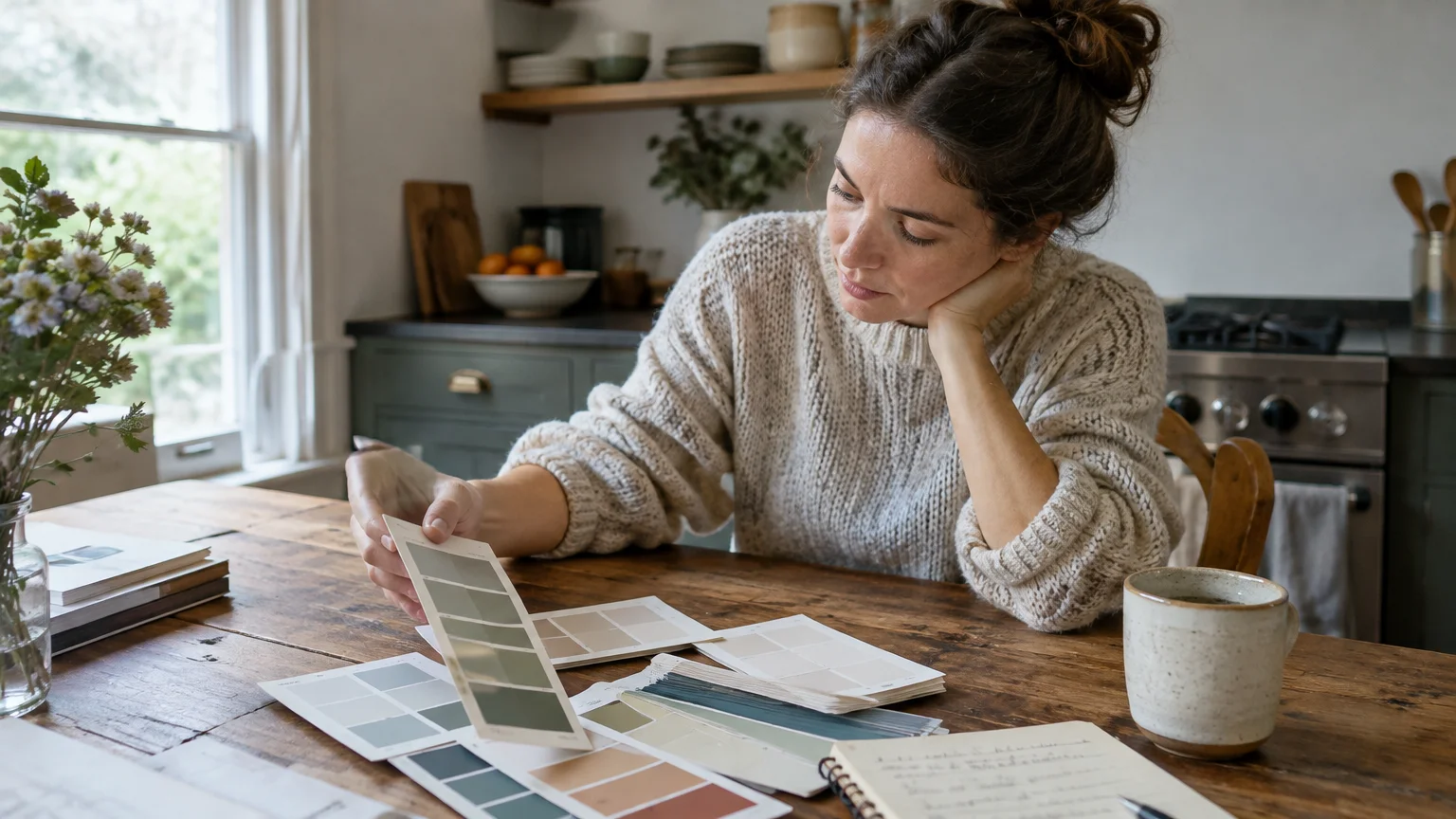 A woman sits at a wooden table reviewing various paint swatches alongside a notebook and coffee mug in a kitchen.