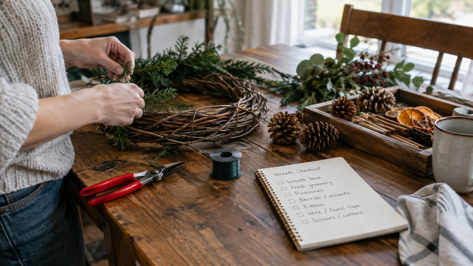 Person assembling a grapevine wreath on a wooden table beside red pruners, green floral wire, and a handwritten checklist.