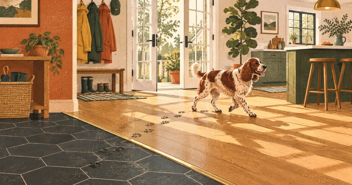 Illustration of a dog leaving muddy paw prints across dark hexagonal tile and wood-look flooring inside a bright home entryway.