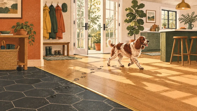 Illustration of a dog leaving muddy paw prints across dark hexagonal tile and wood-look flooring inside a bright home entryway.