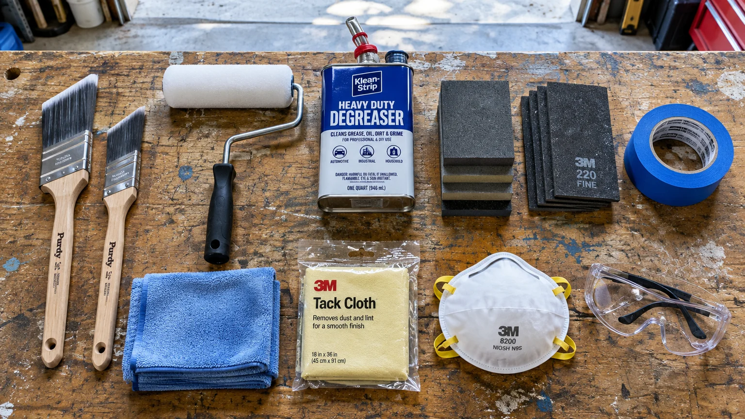 Paint brushes, foam roller, degreaser, sanding blocks, painter tape, microfiber cloth, tack cloth, mask, and safety glasses.