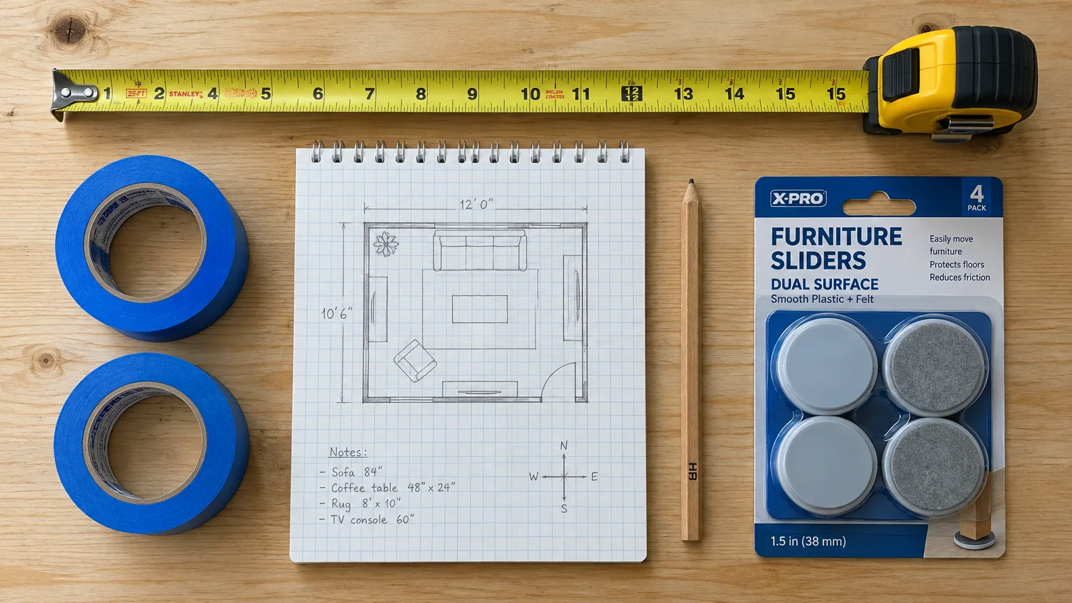 Tape measure, two rolls of blue tape, a floor plan sketch on graph paper with a pencil, and furniture sliders on wood.