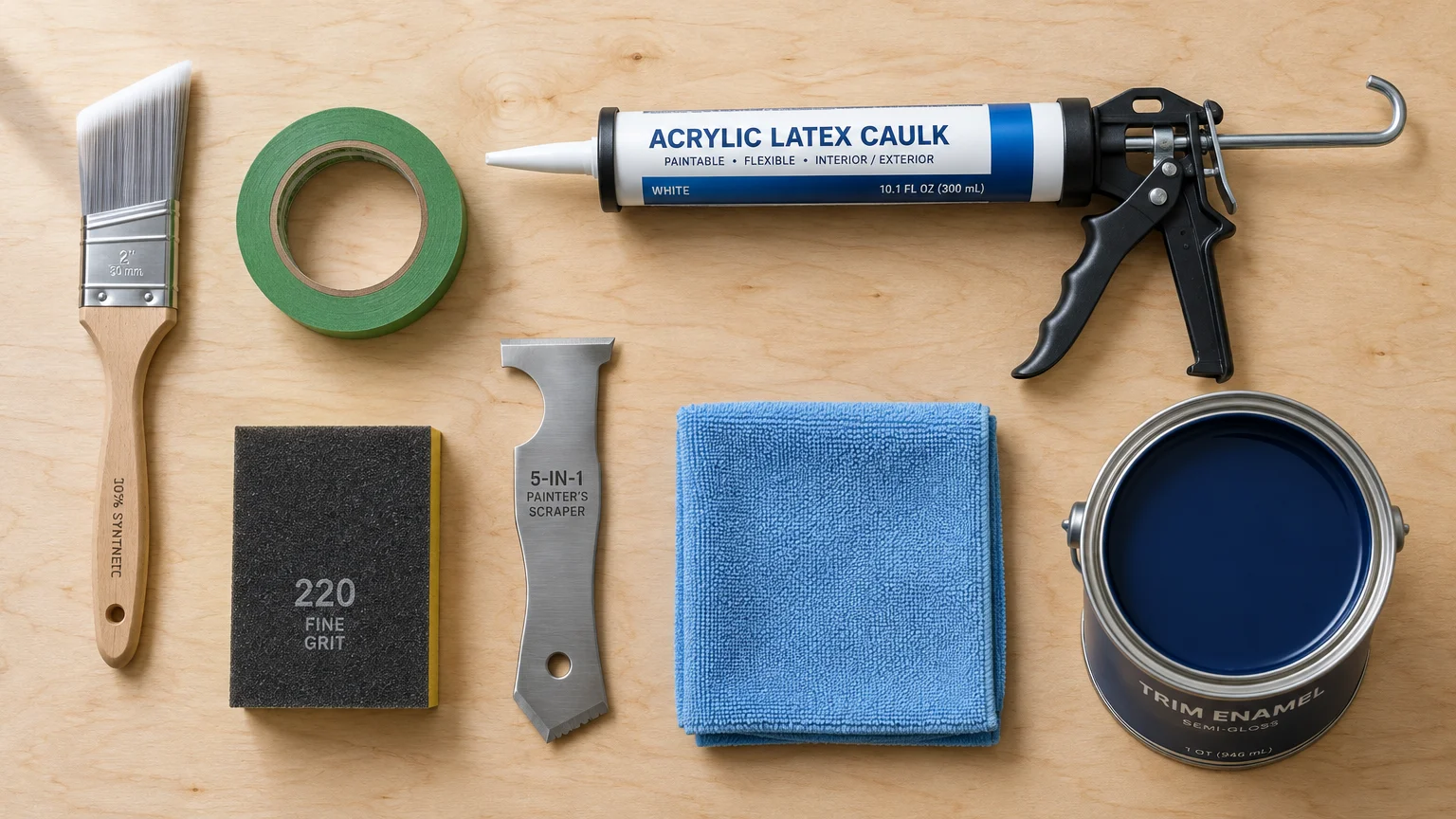 Paint brush, tape, caulk gun, sanding sponge, multi-tool scraper, microfiber cloth, and open blue paint can on wood.