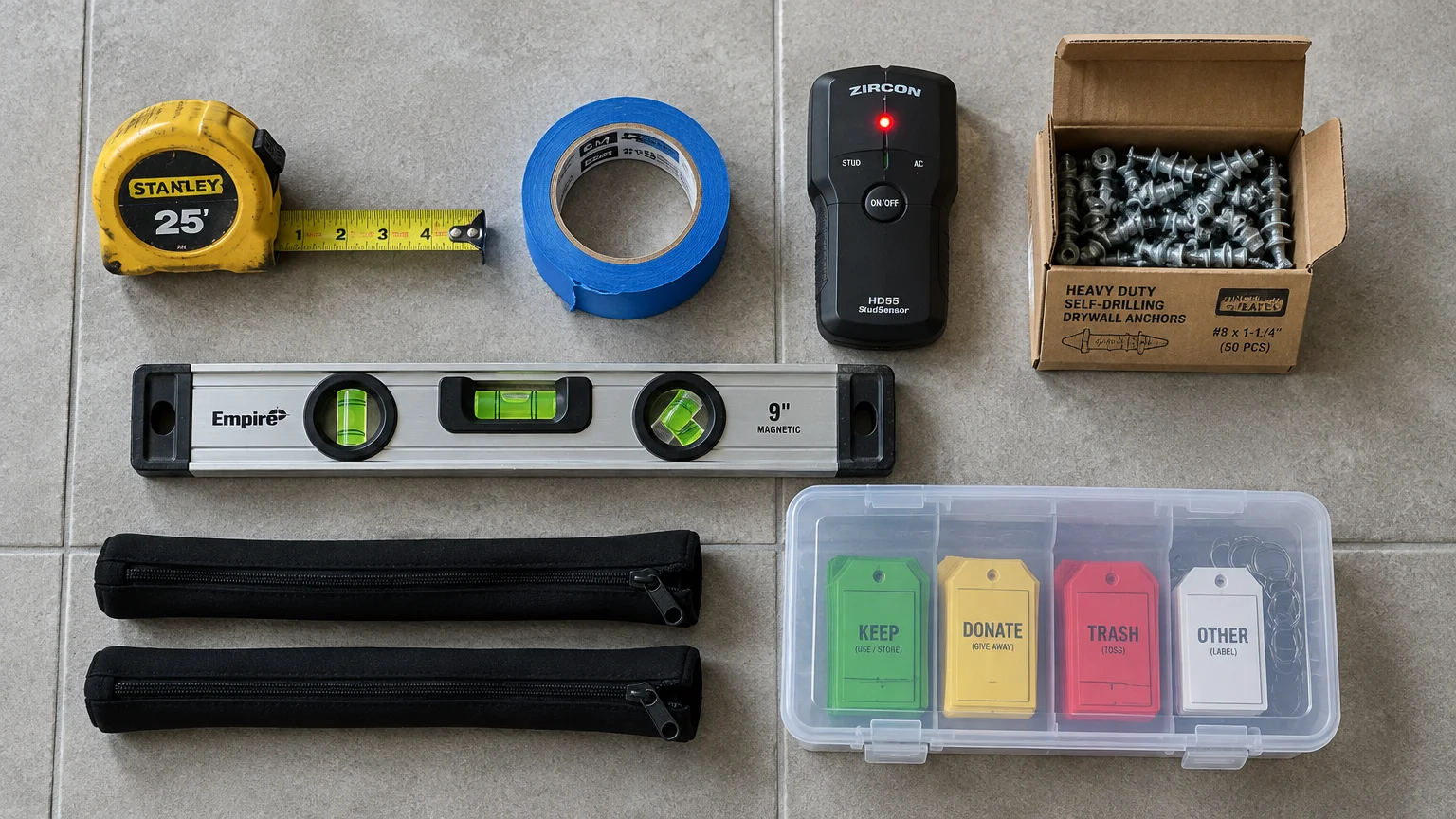Tape measure, blue painter's tape, stud finder, drywall anchors, level, cable sleeves, and organizing tags arranged on tile.