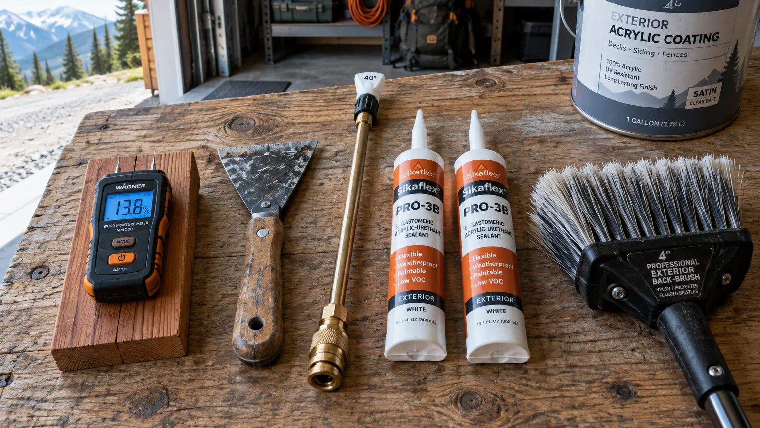 Moisture meter, scraper, pressure washer wand, sealant tubes, exterior brush, and paint can arranged on a wooden workbench.