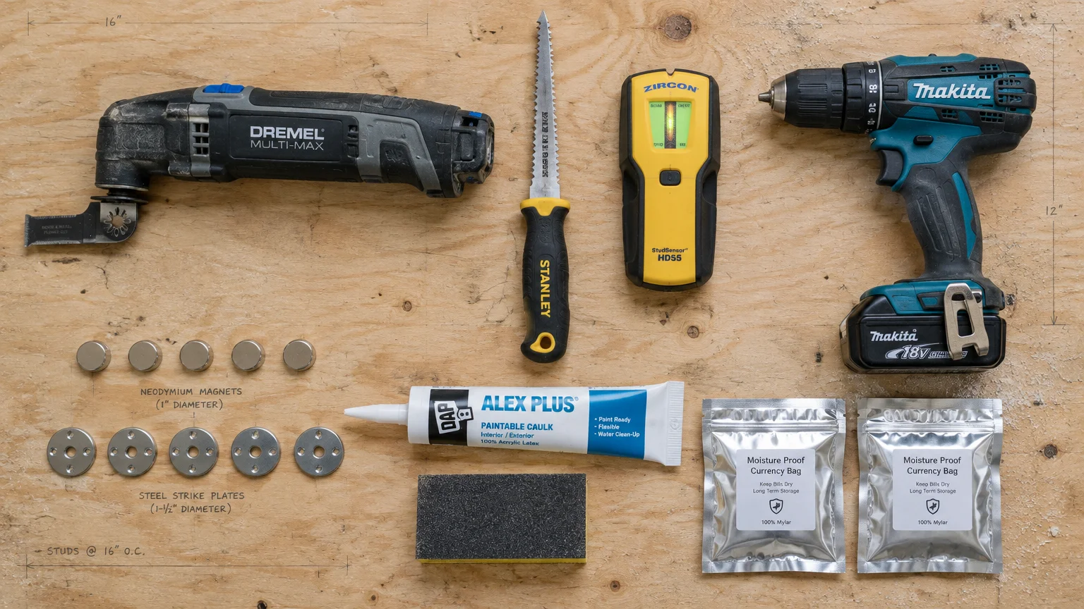 Power tools, drywall saw, stud finder, magnets, strike plates, caulk, and currency bags arranged flat on plywood.