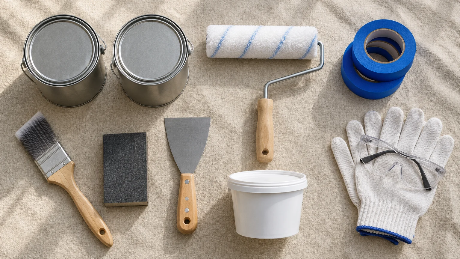 Flat lay of paint cans, roller, angled brush, scraper, sanding block, blue tape, bucket, gloves, and safety glasses.