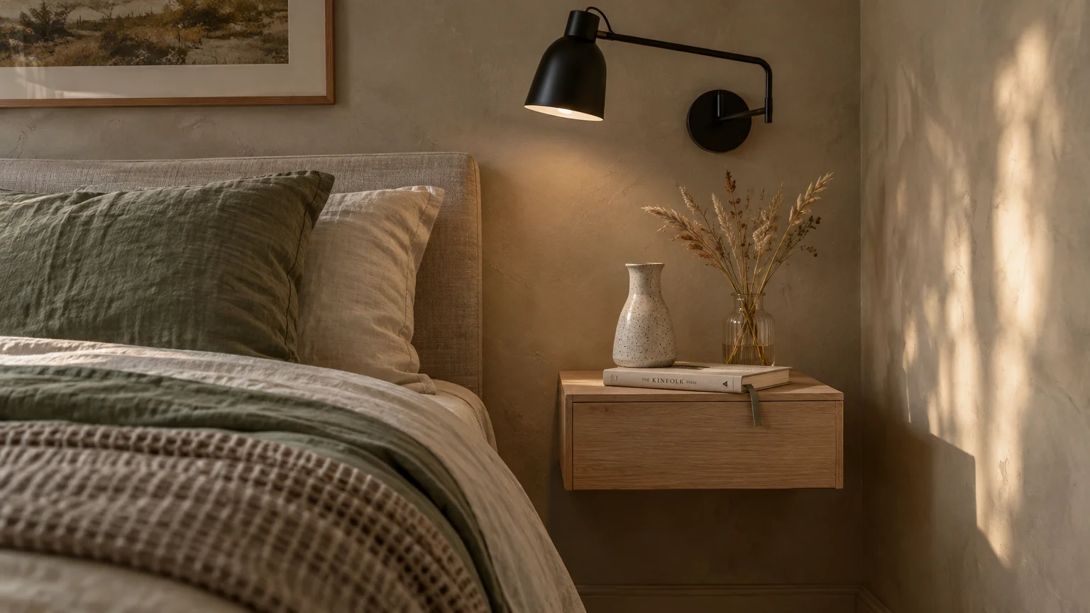 Modern bedroom with a floating wooden nightstand, black wall sconce, framed art, and neutral linen bedding.