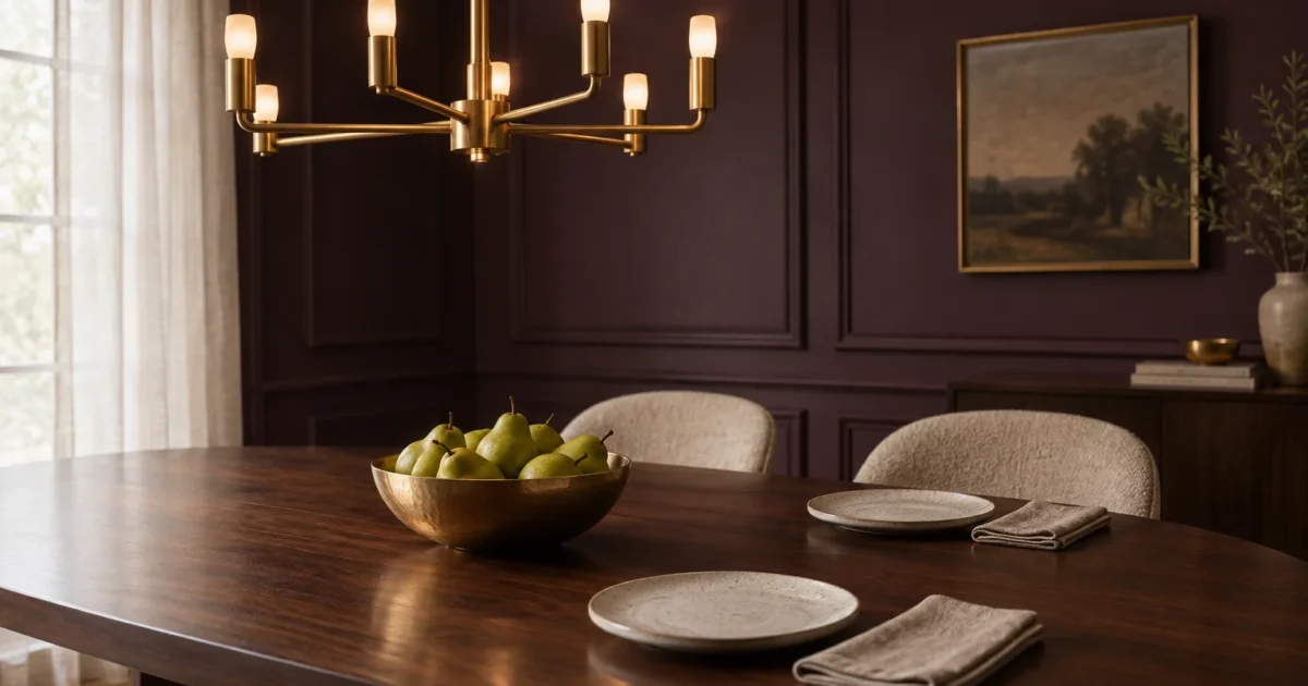 A brass chandelier hangs over a wooden dining table with a bowl of pears in a room with dark plum paneled walls.