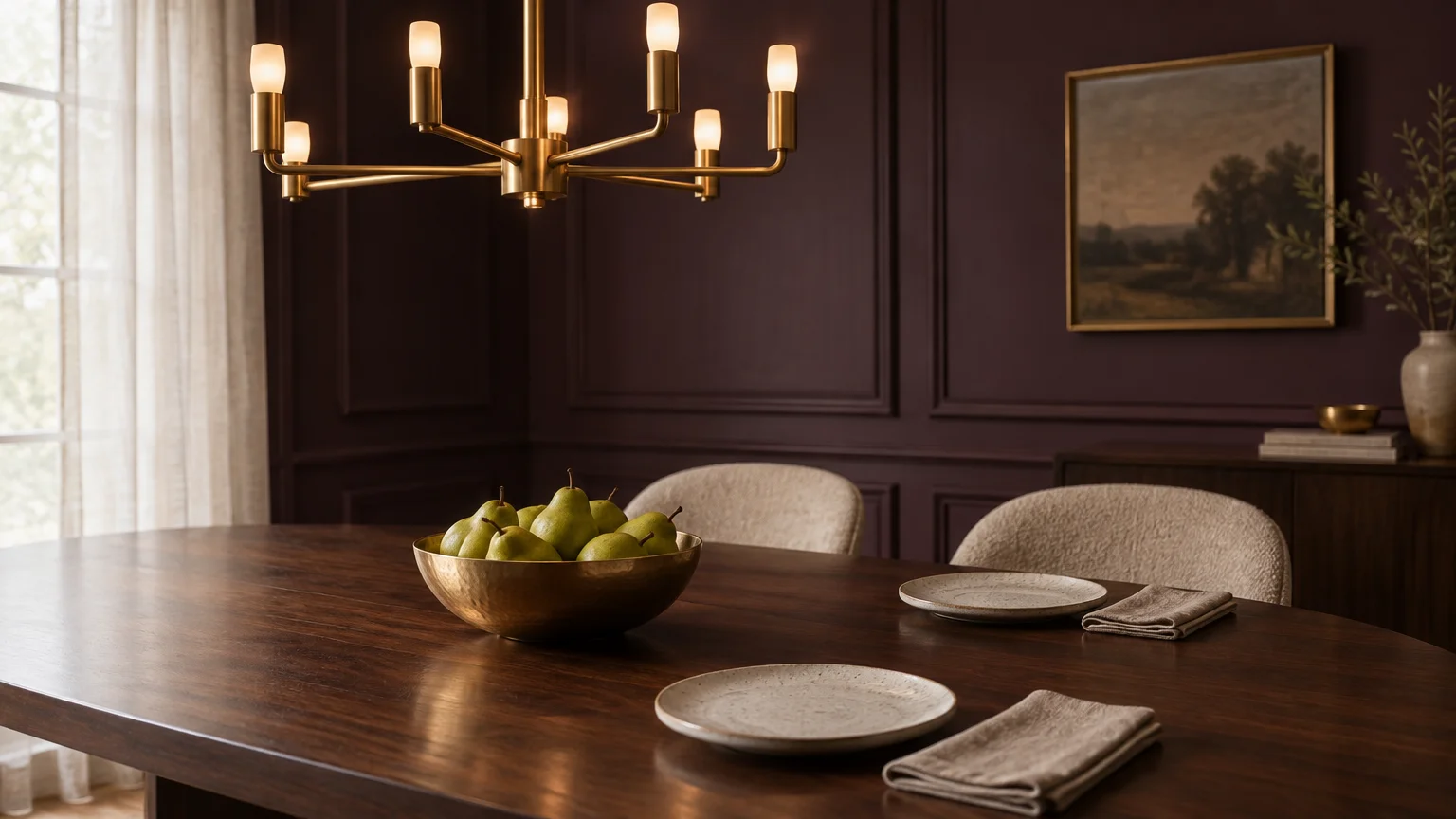 A brass chandelier hangs over a wooden dining table with a bowl of pears in a room with dark plum paneled walls.