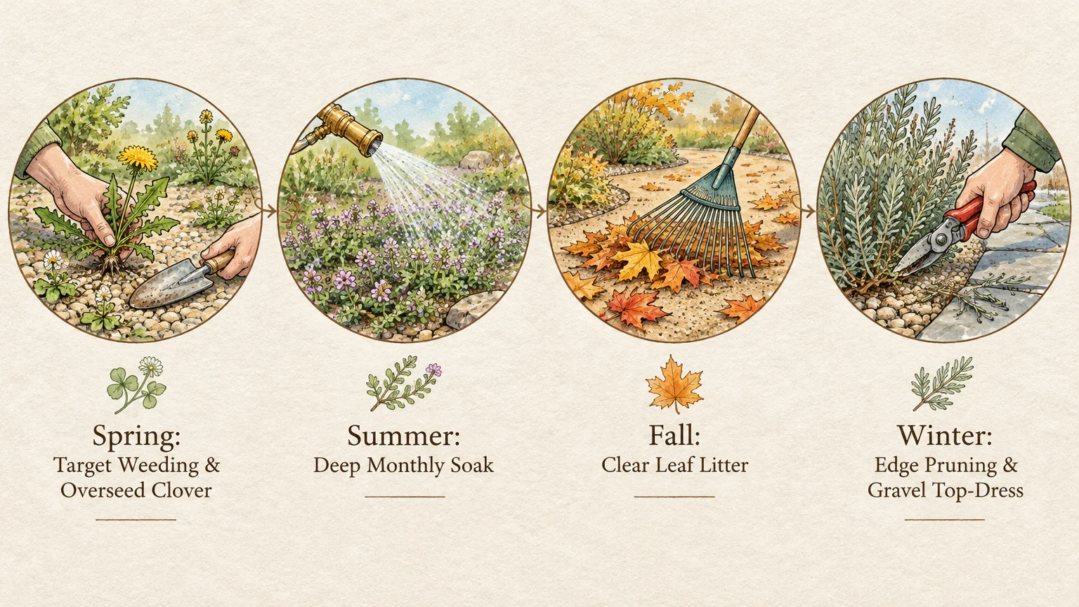 Four circular illustrations depicting seasonal garden maintenance tasks across spring, summer, fall, and winter.