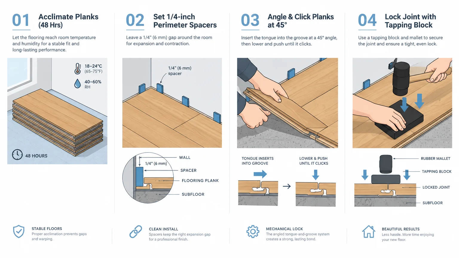 Four-step diagram illustrating how to install click-lock flooring planks, from acclimation to tapping the seams tight.