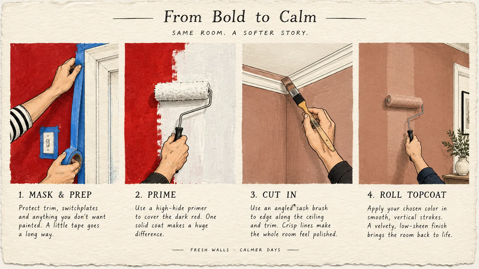Four-panel illustration showing steps to paint a room: applying painter's tape, priming, cutting in, and rolling topcoat.