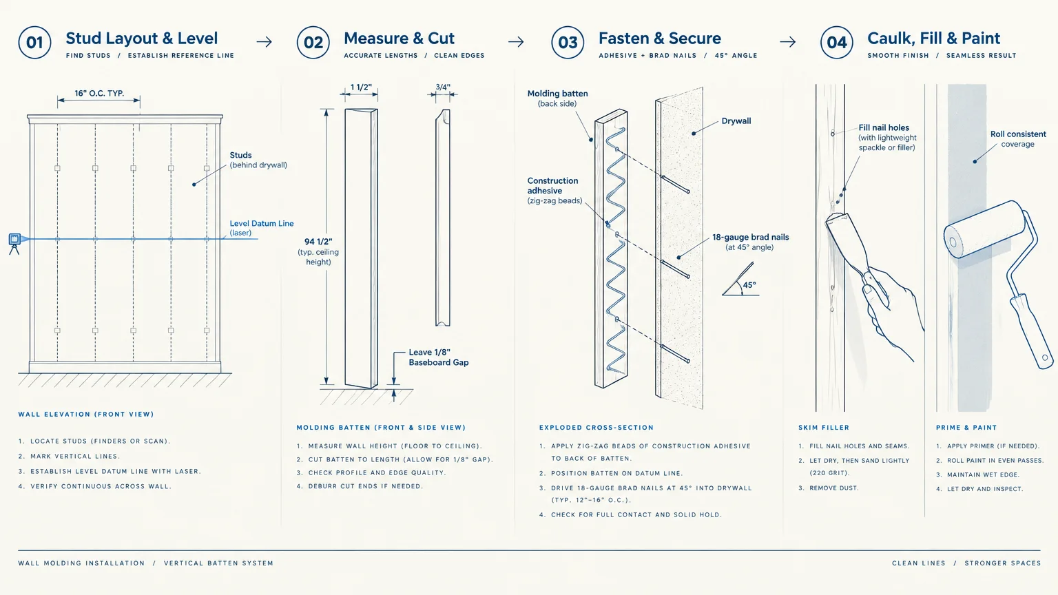 Four-step diagram showing wall molding installation: stud layout, measuring batten, fastening to drywall, and filling holes.
