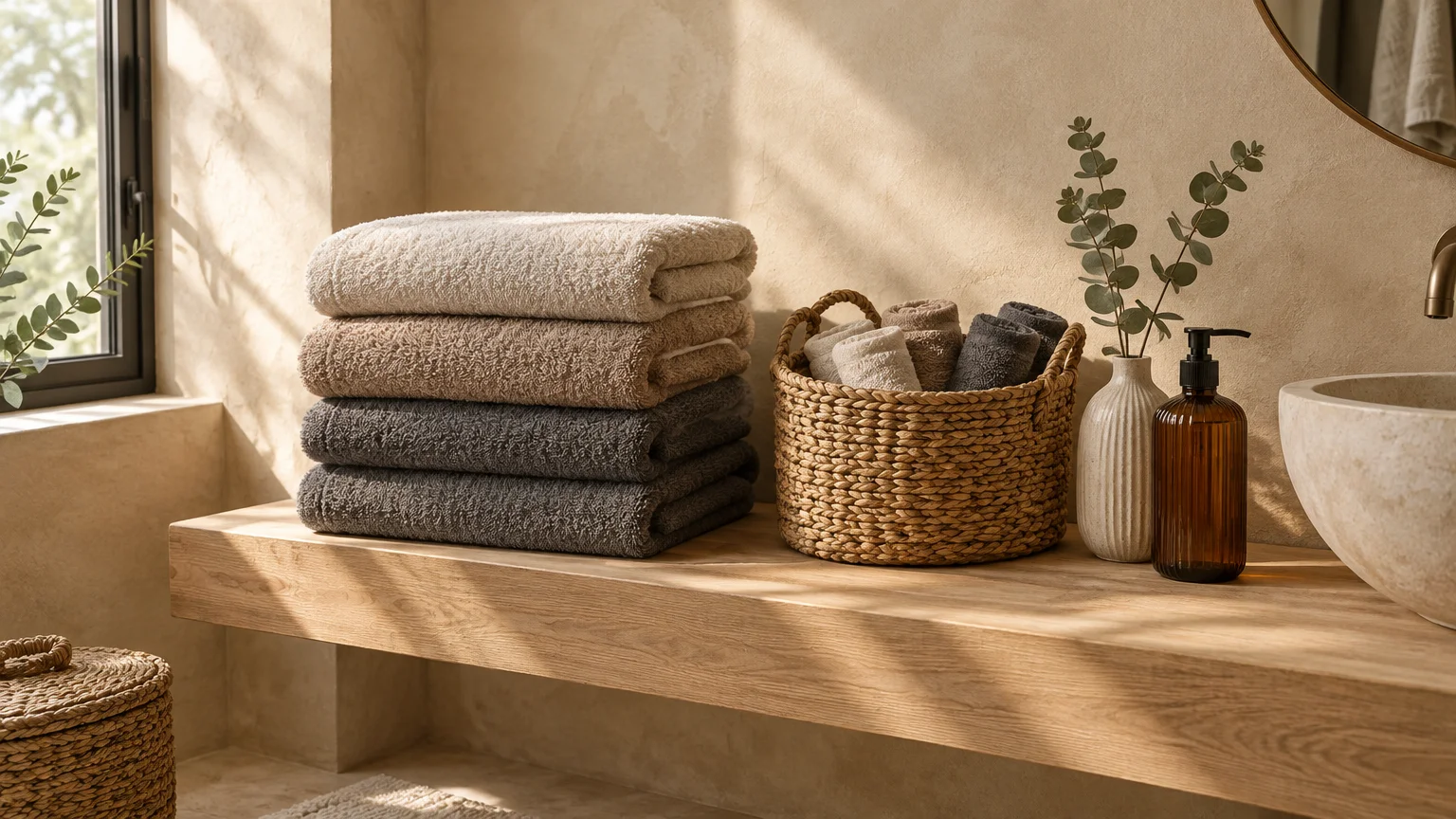 Stacked folded towels and a woven basket filled with rolled washcloths rest on a wooden bathroom vanity shelf.