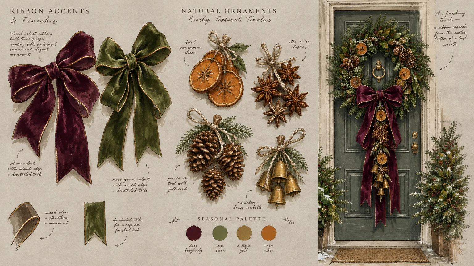 Watercolor illustration showing velvet ribbon accents, natural ornaments like dried persimmon, and a decorated holiday wreath.