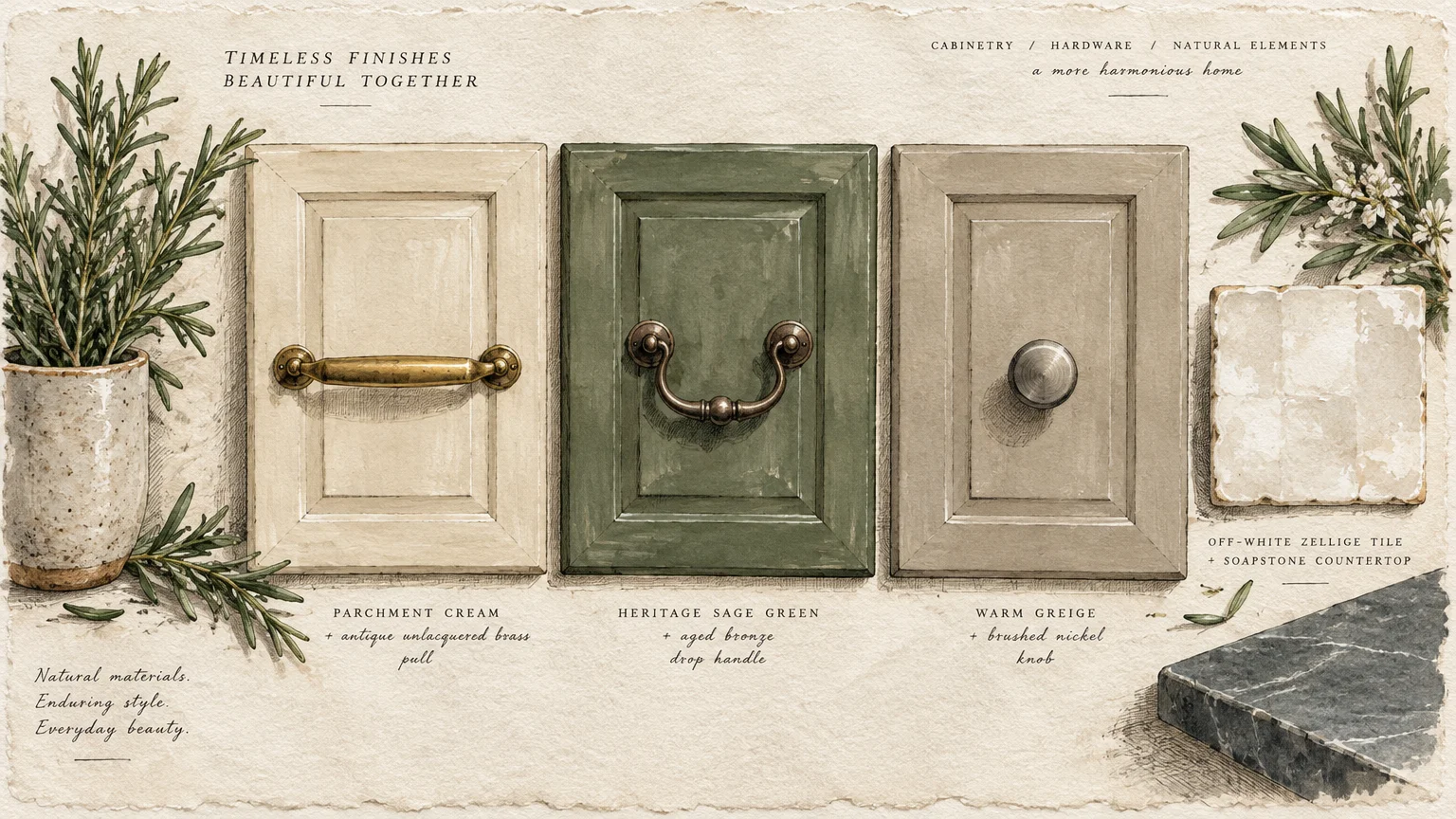Illustration of three painted cabinet samples in cream, green, and greige with hardware, a zellige tile, and stone counter.