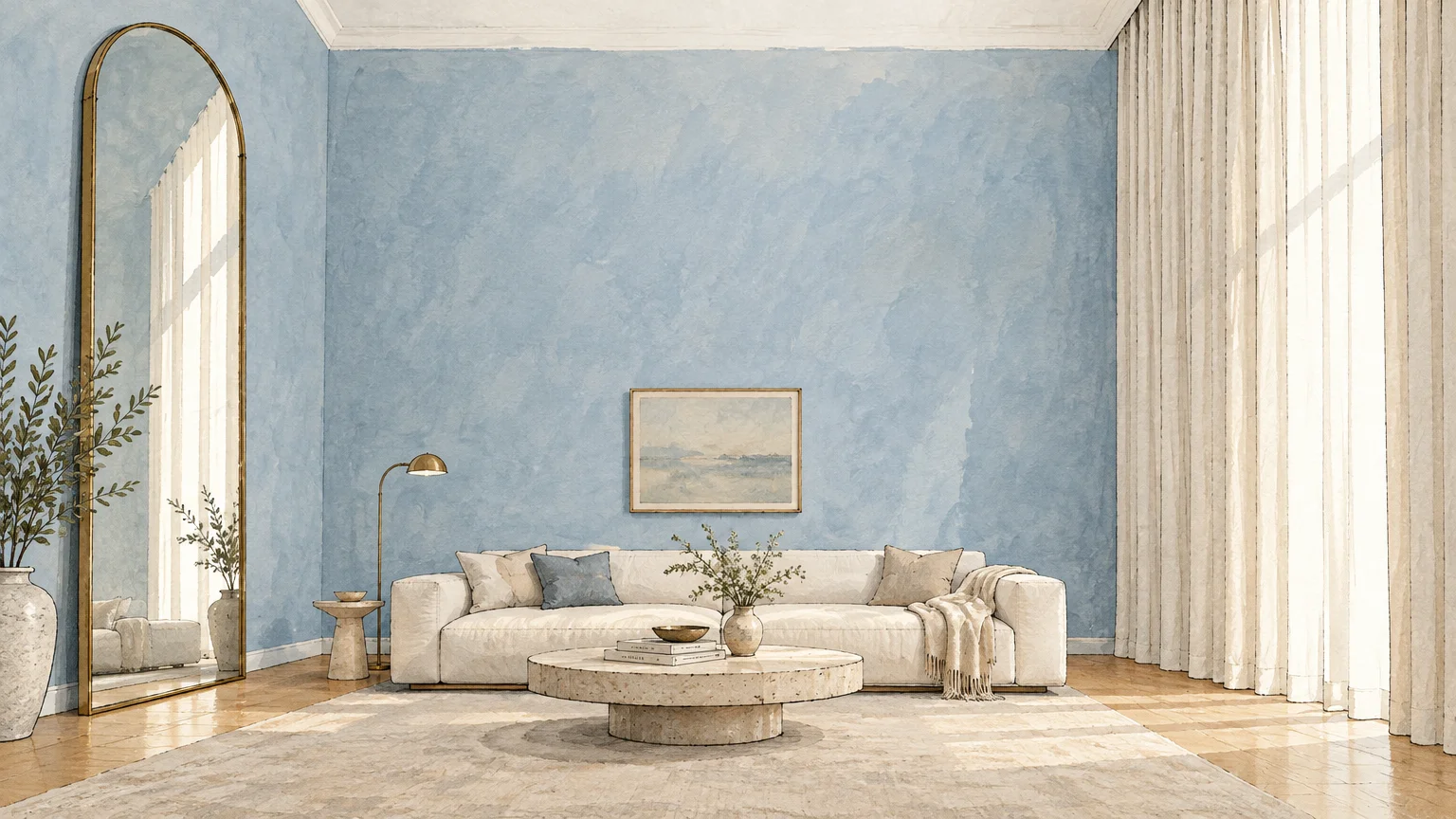 Illustration of a living room with textured light blue walls, a low white sofa, floor-to-ceiling curtains, and an arched mirror.