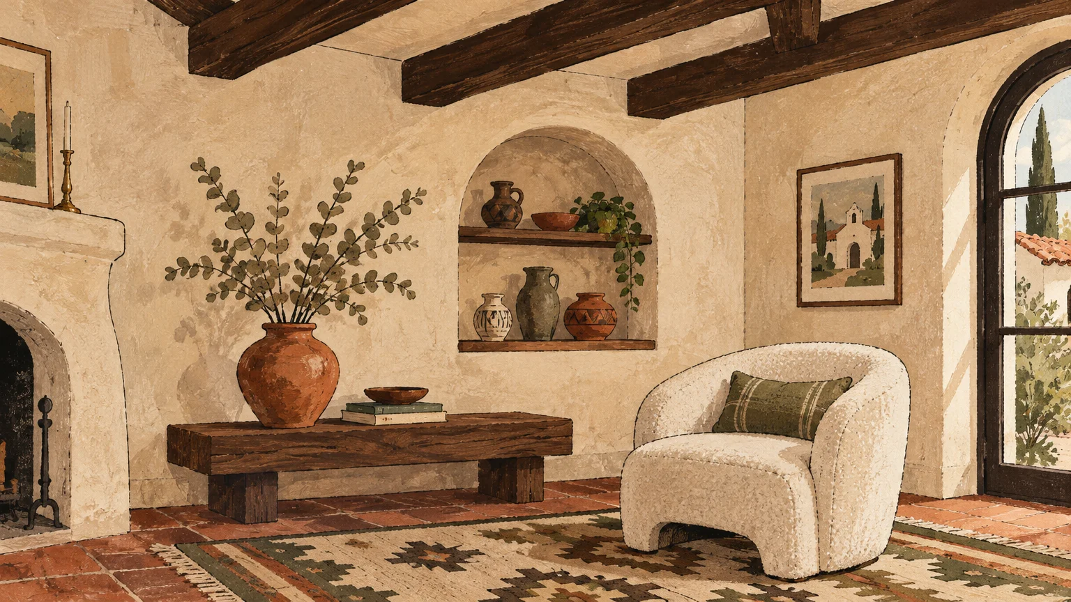 Gouache painting of a rustic room with exposed ceiling beams, beige walls, arched niche, and a white bouclé armchair.