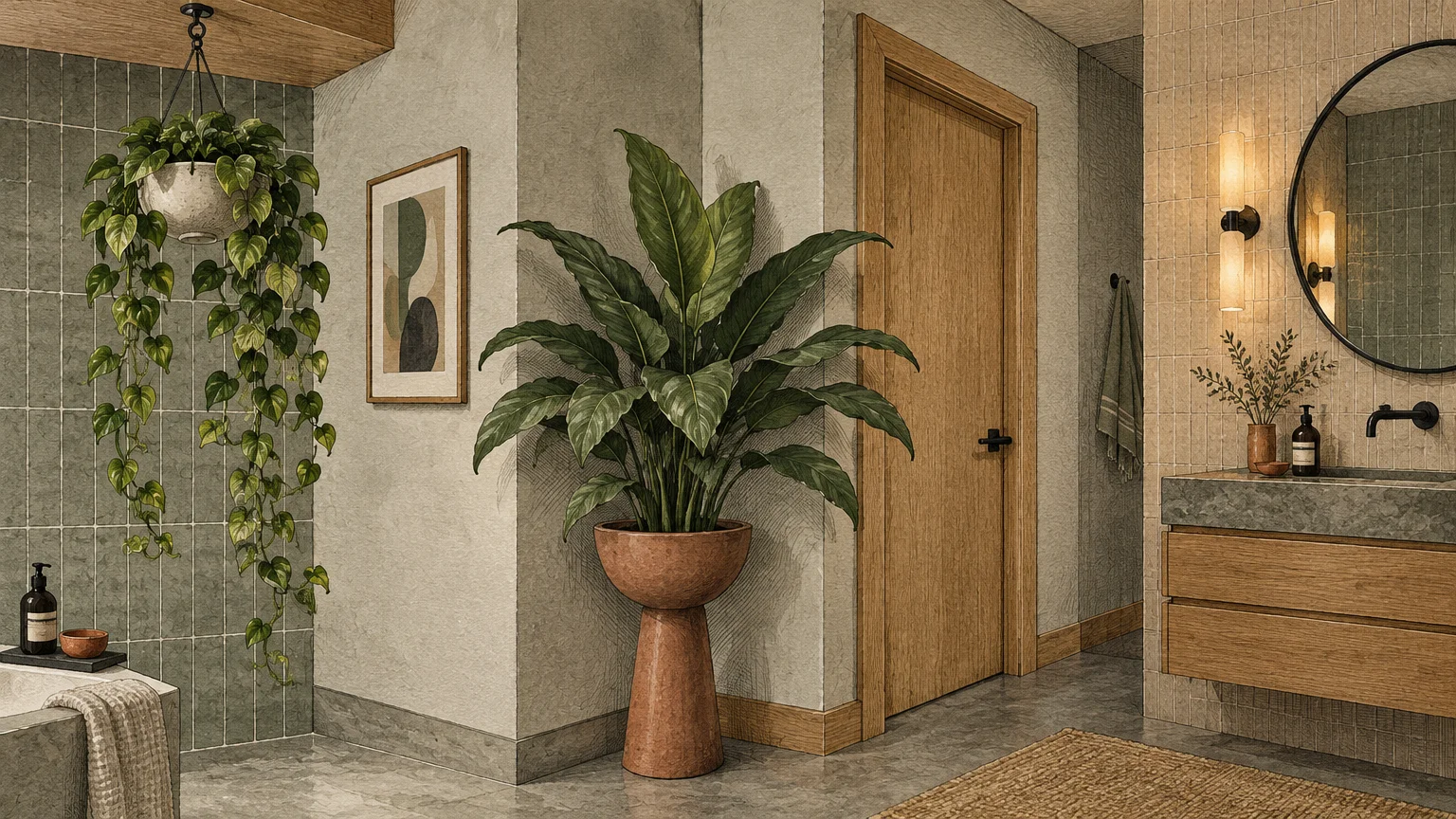Illustration of a modern bathroom with a hanging trailing plant, tall potted foliage plant, wooden door, and vanity.