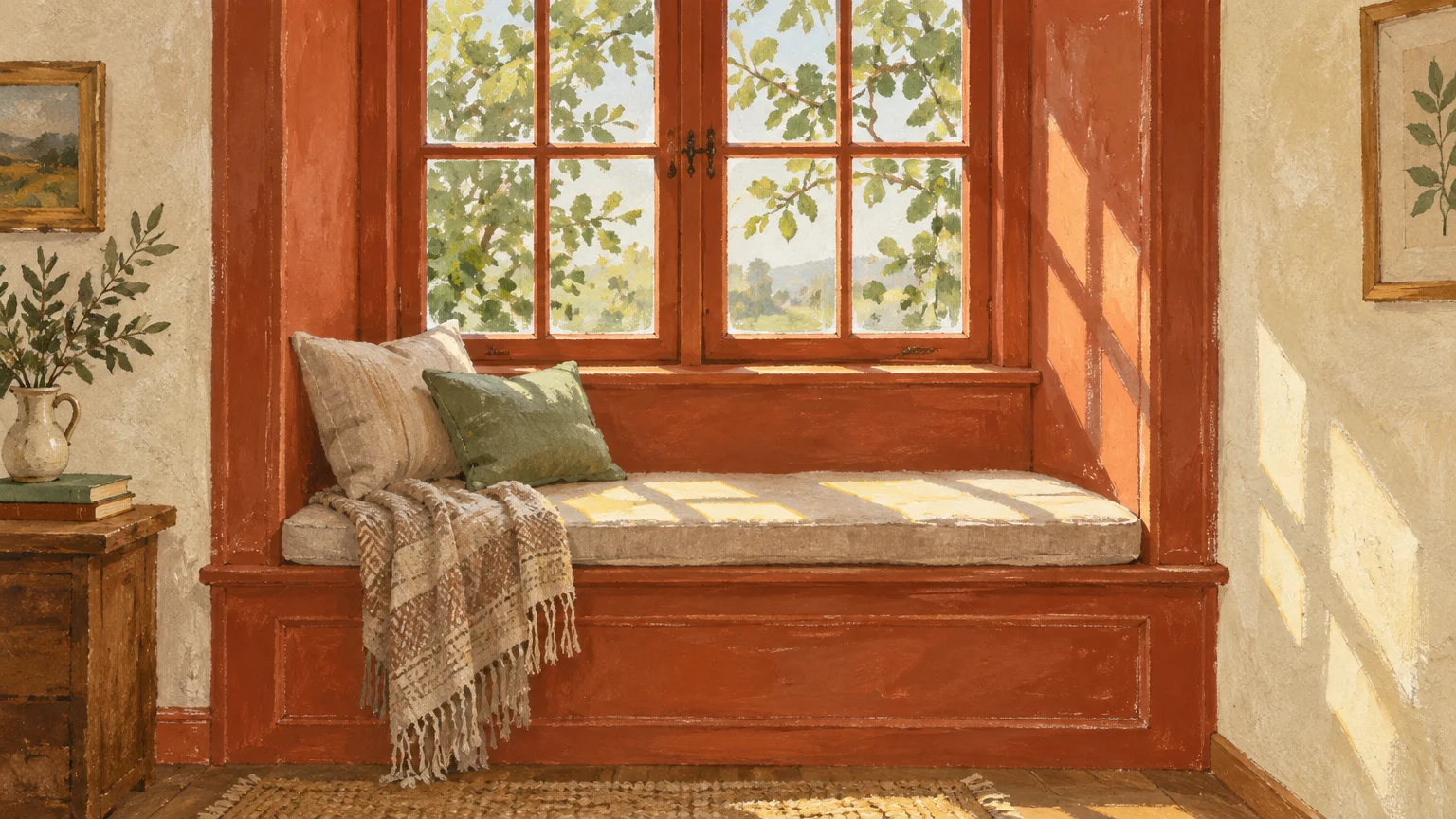 Gouache painting of a sunny window seat with deep terracotta trim, pillows, and a throw blanket looking out onto green trees.