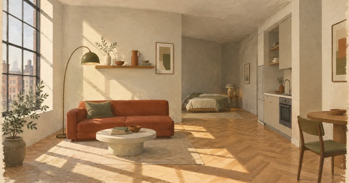 Gouache illustration of a sunlit studio apartment with a terracotta sofa, kitchenette, and bedroom nook.