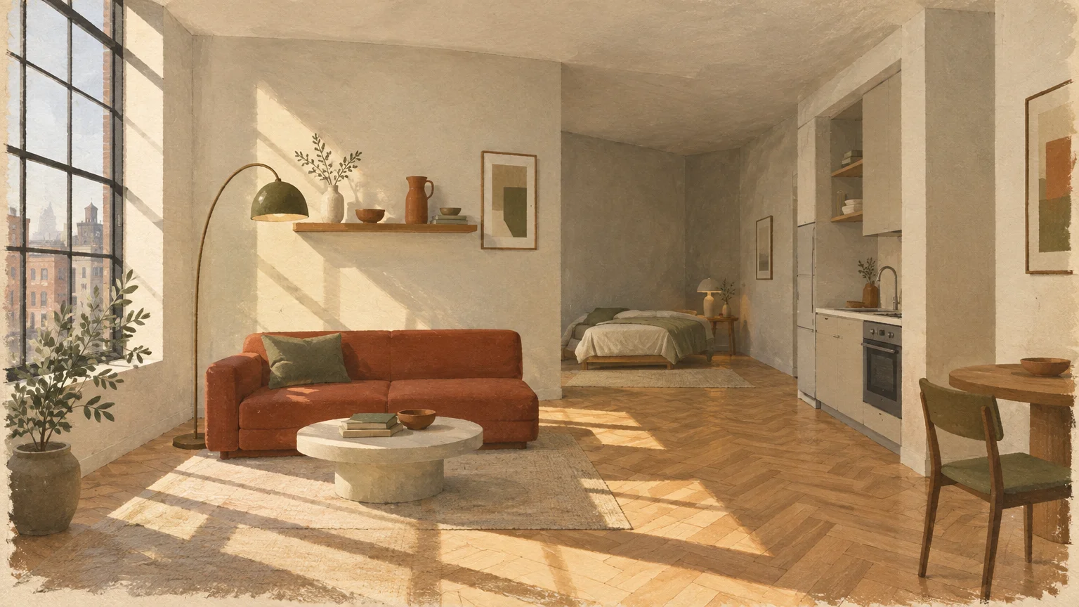 Gouache illustration of a sunlit studio apartment with a terracotta sofa, kitchenette, and bedroom nook.