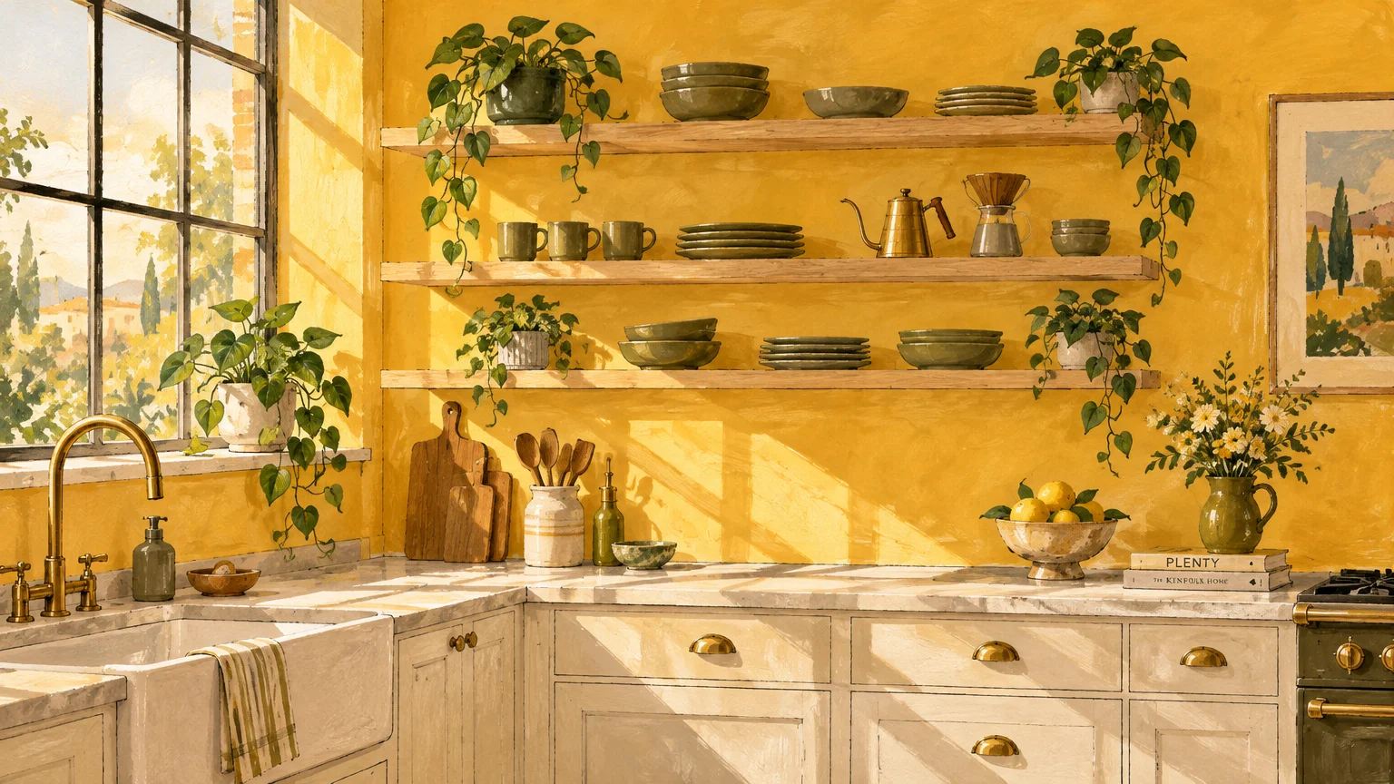 Illustration of a sunlit kitchen with bright yellow walls, open wooden shelves, potted plants, and marble counters.