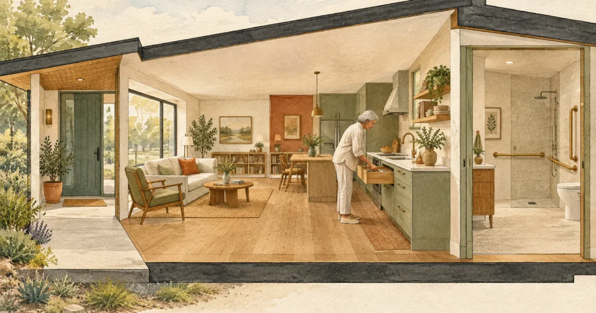 Cutaway watercolor illustration of an accessible single-story house with an older woman in an open kitchen and living area.