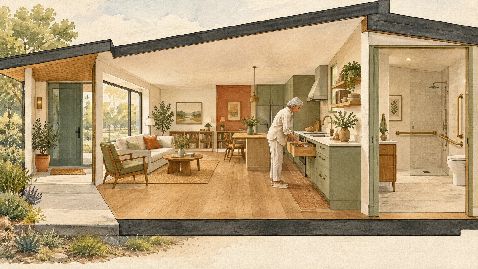 Cutaway watercolor illustration of an accessible single-story house with an older woman in an open kitchen and living area.