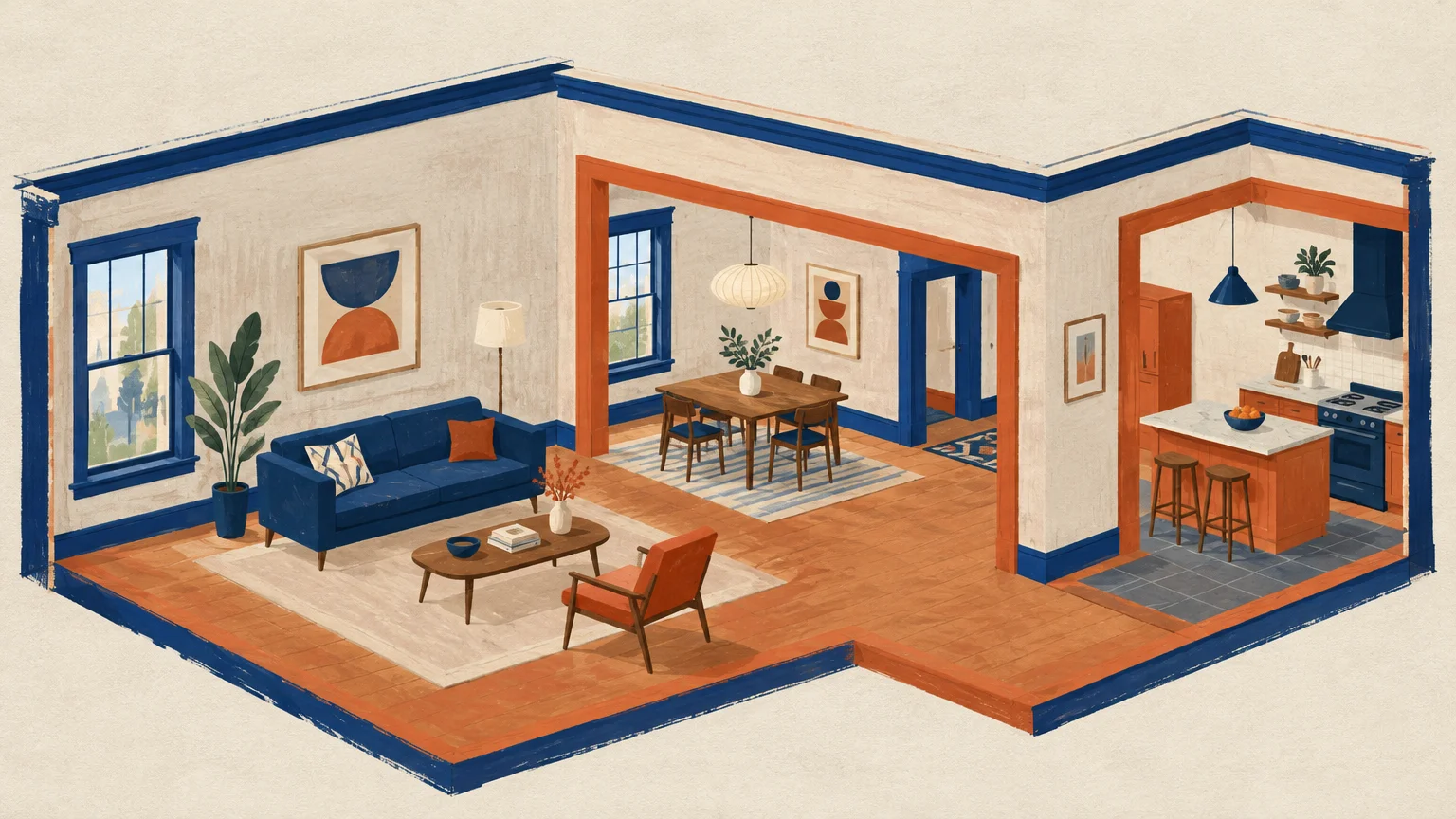 Gouache illustration of an open-concept living room, dining area, and kitchen featuring bold blue and orange painted trim.