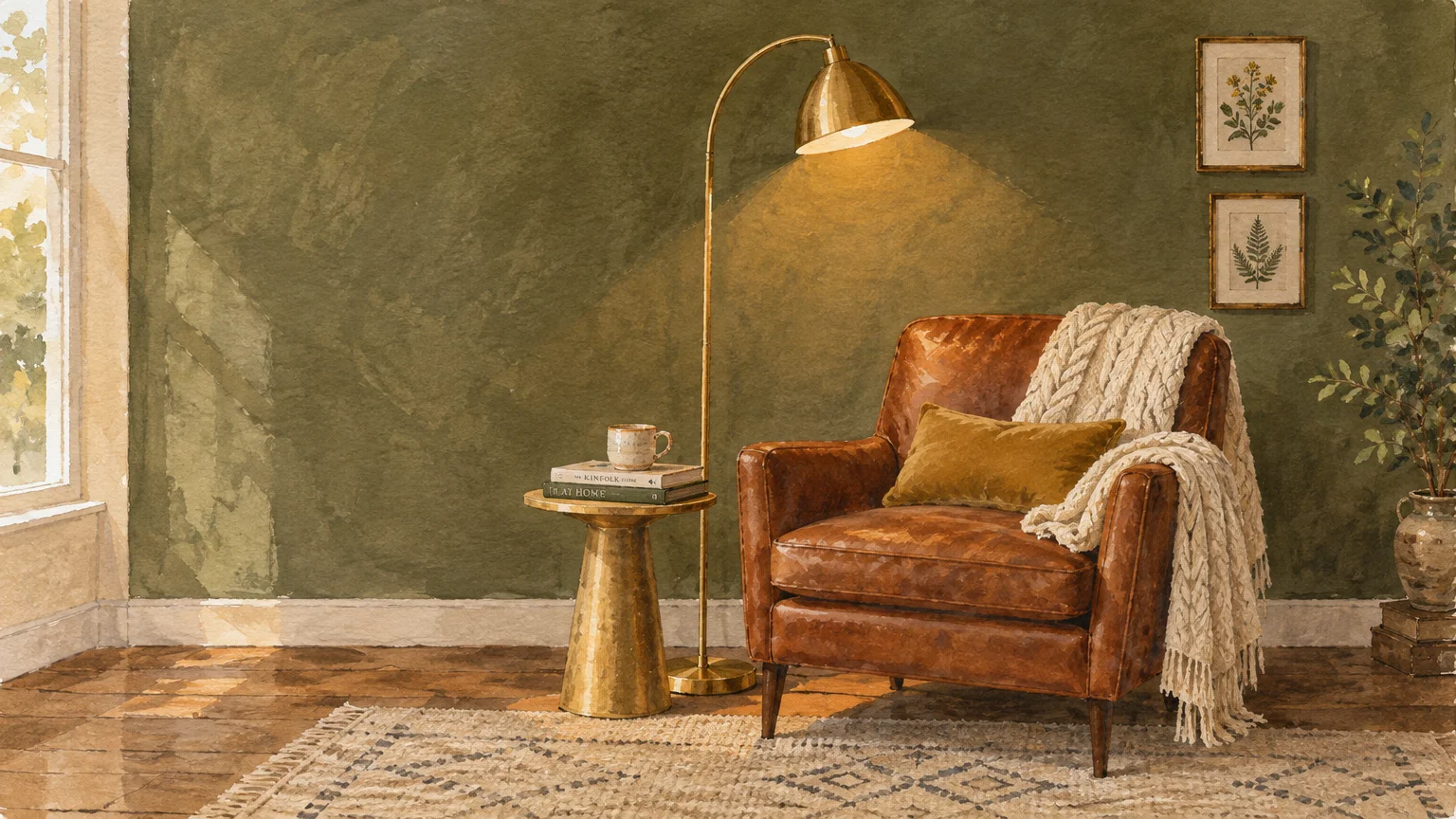 Gouache painting of a leather armchair, brass floor lamp, and gold accent table against an olive green wall.