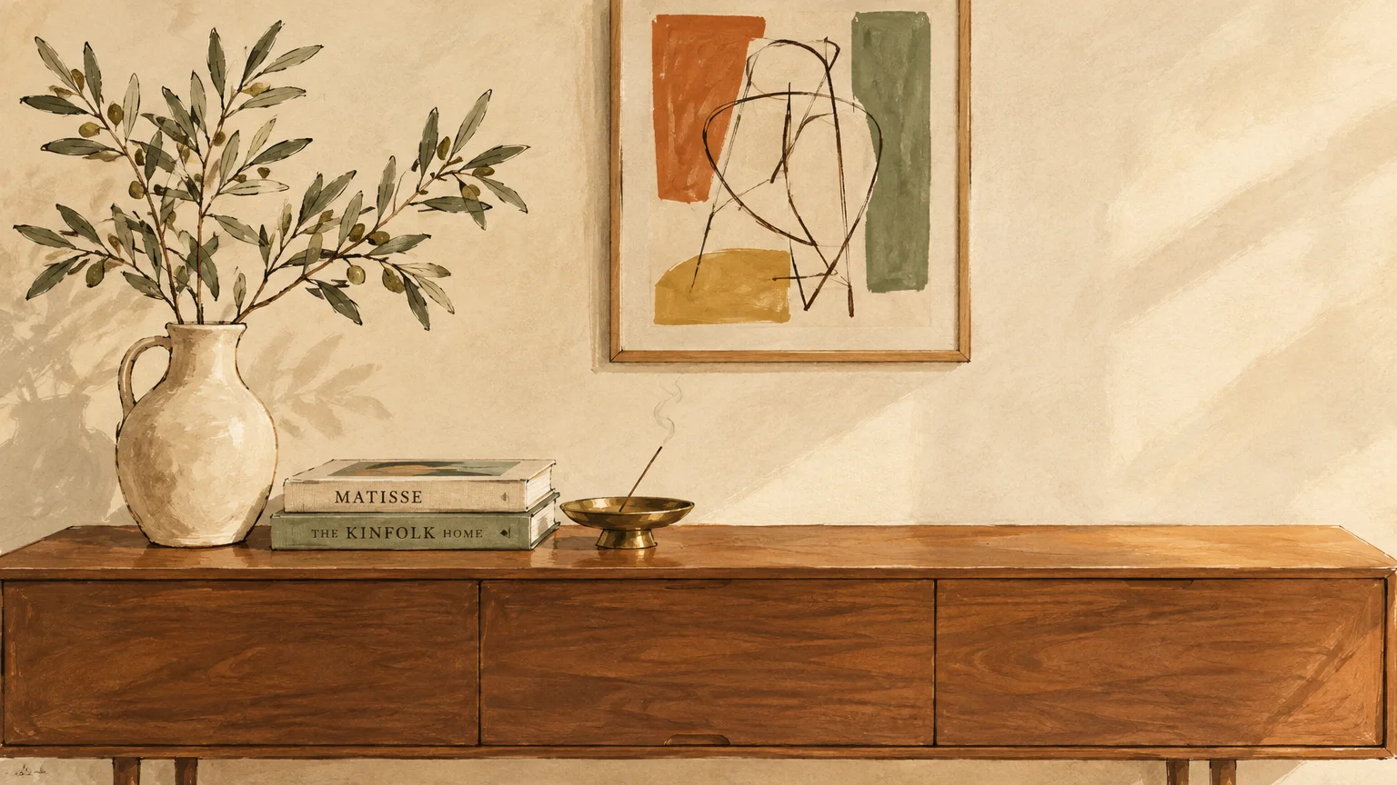 Illustration of an olive branch vase, stacked books, and incense bowl on a wooden credenza beneath abstract art.