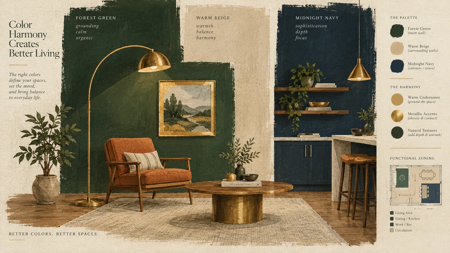 Gouache illustration of a living interior with painted wall swatches, gold arched lamp, armchair, and floor plan diagram.
