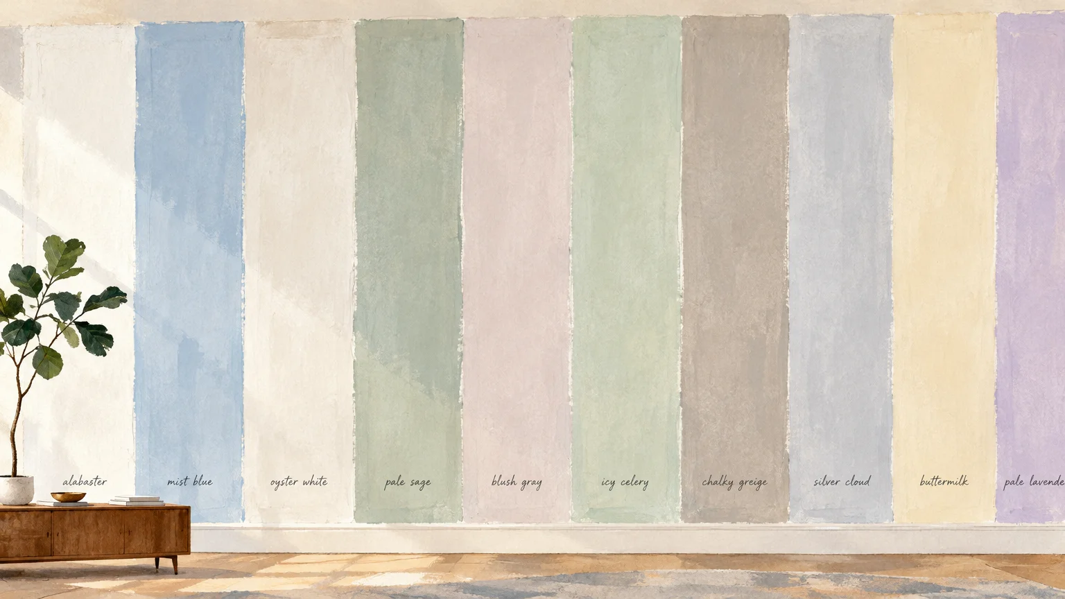 Ten vertical paint swatches in pastel tones painted along an interior wall above a wooden sideboard and potted plant.