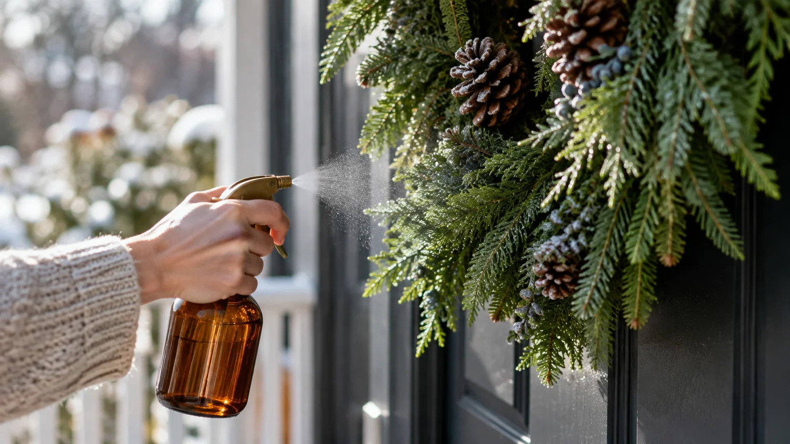 A person sprays water from an amber glass bottle onto an evergreen wreath decorated with pinecones on a black door.