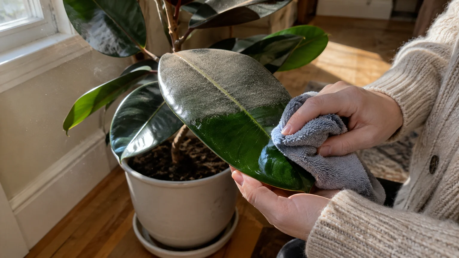 A person using a grey microfiber cloth to wipe thick dust off a potted rubber plant's broad green leaf.