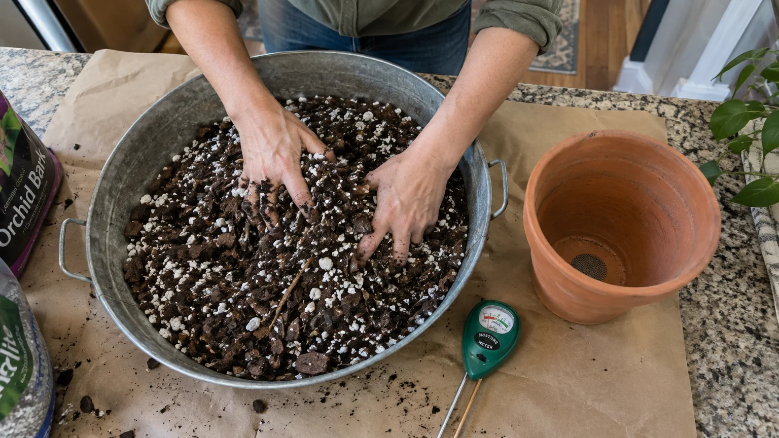 Hands mix soil with perlite and bark in a metal basin next to a terracotta pot and moisture meter.