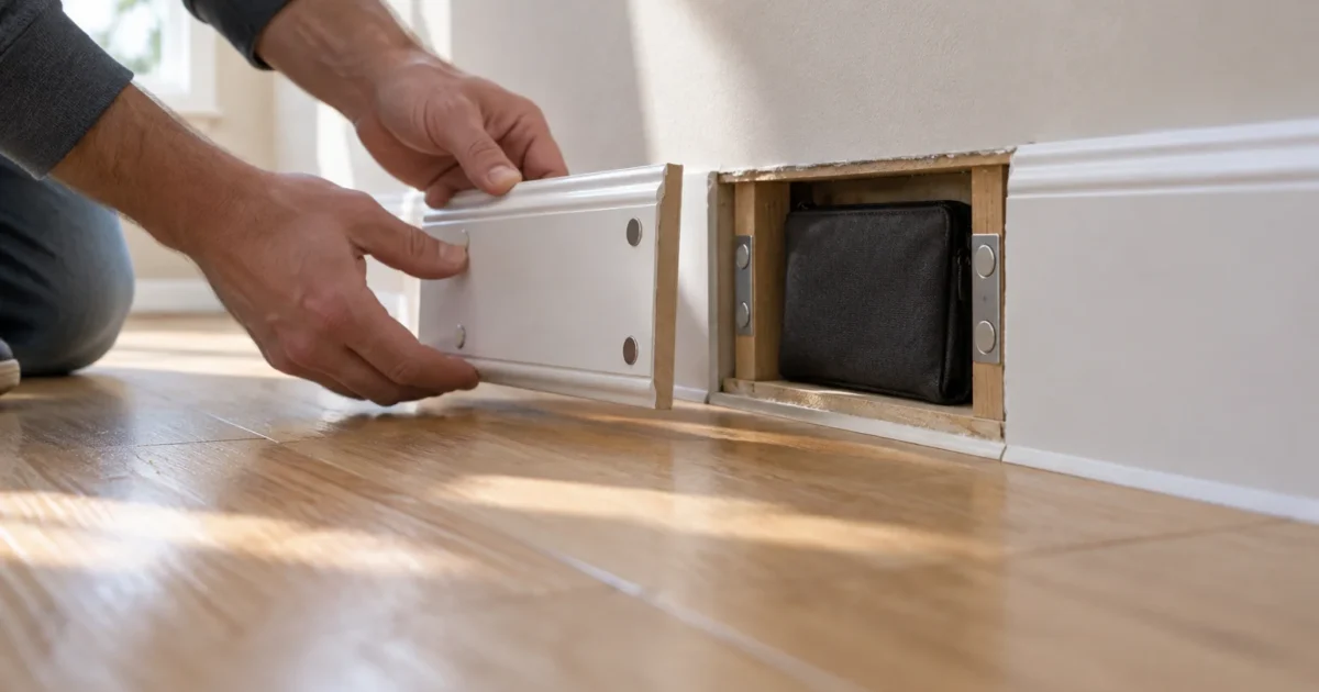 A person opening a removable magnetic baseboard section that reveals a hidden wall compartment holding a black pouch.