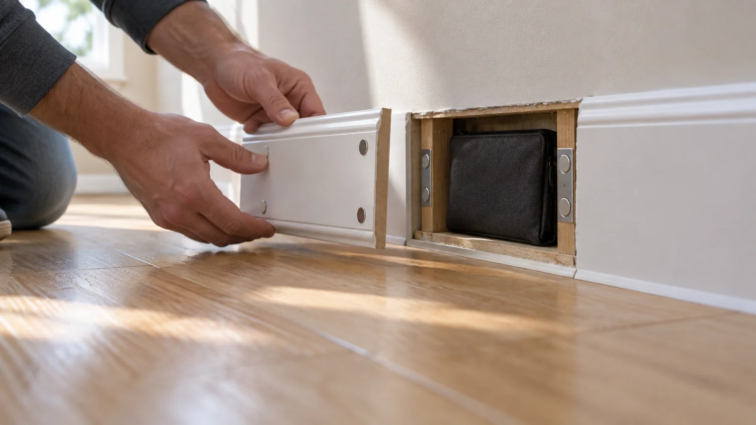 A person opening a removable magnetic baseboard section that reveals a hidden wall compartment holding a black pouch.