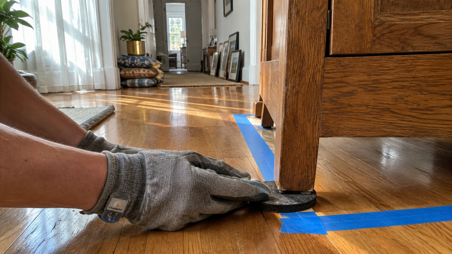 Gloved hands slide a furniture pad beneath a wooden cabinet leg along blue painter's tape on a hardwood floor.
