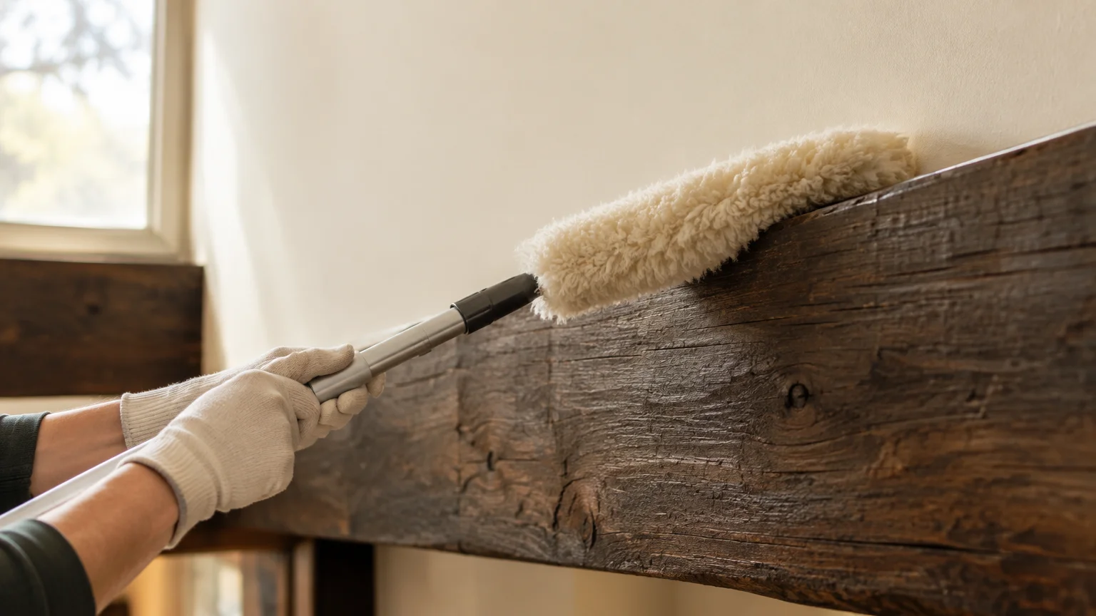 A person wearing cloth gloves uses an extendable fluffy duster along the top edge of a rustic dark wood beam.