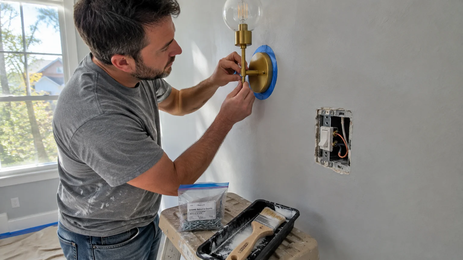 Man adjusting a brass wall sconce next to an uncovered light switch, with a paint tray and screw bag nearby.