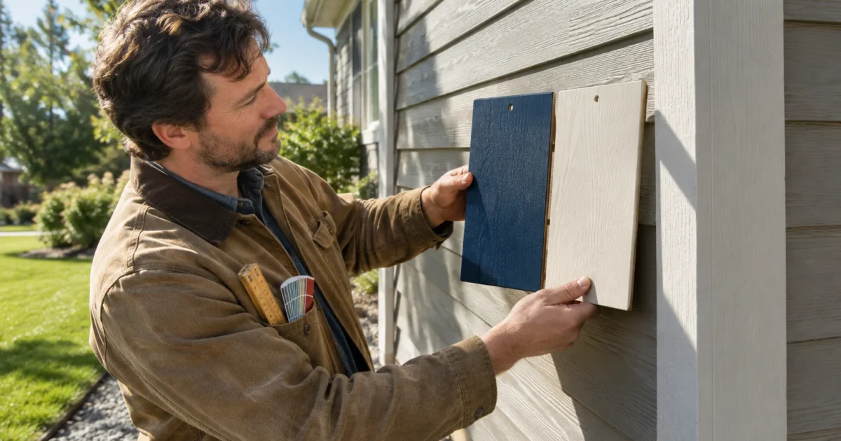 A man holding dark blue and off-white siding color sample boards against the exterior wall of a house.