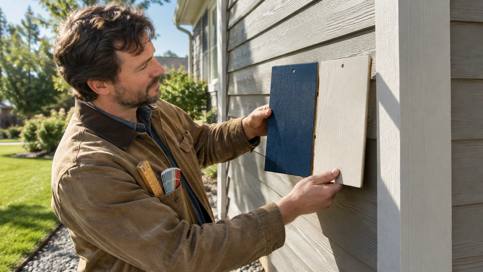 A man holding dark blue and off-white siding color sample boards against the exterior wall of a house.