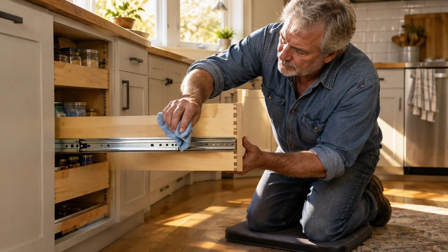 A man kneels on a kitchen floor, wiping down the metal slide of an extended wooden pull-out drawer.