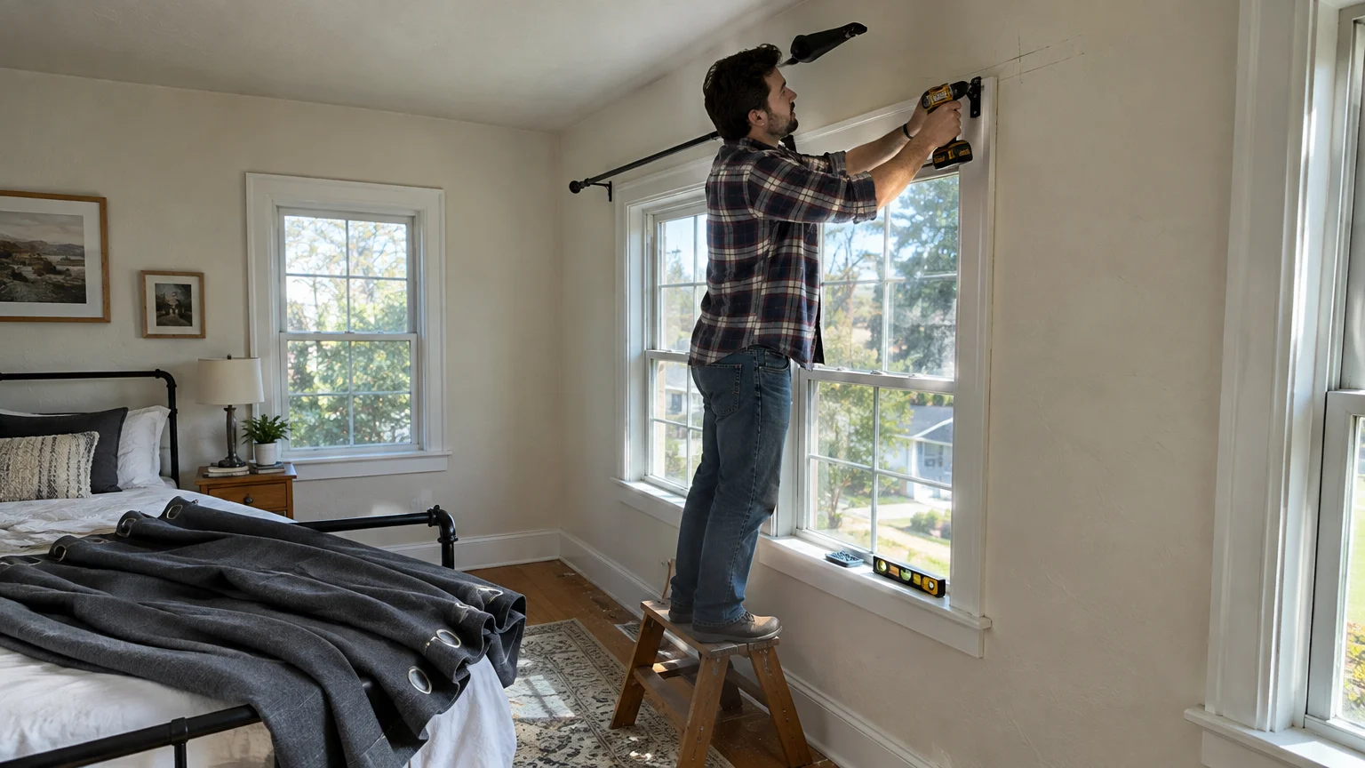 A man stands on a step stool drilling a curtain rod bracket above a window in a bright guest bedroom.